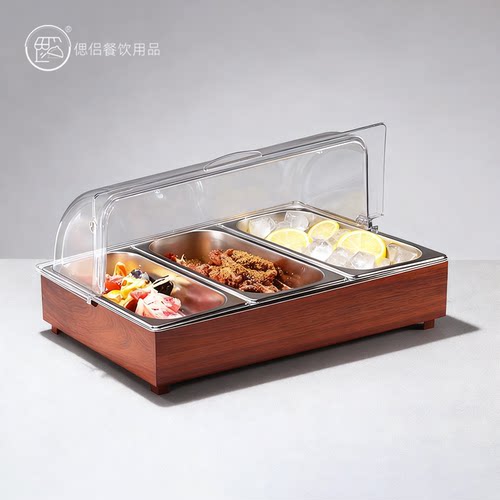 高档木架自助餐酒店水果蛋糕展示盘不锈钢食物点心西瓜盆带盖防尘