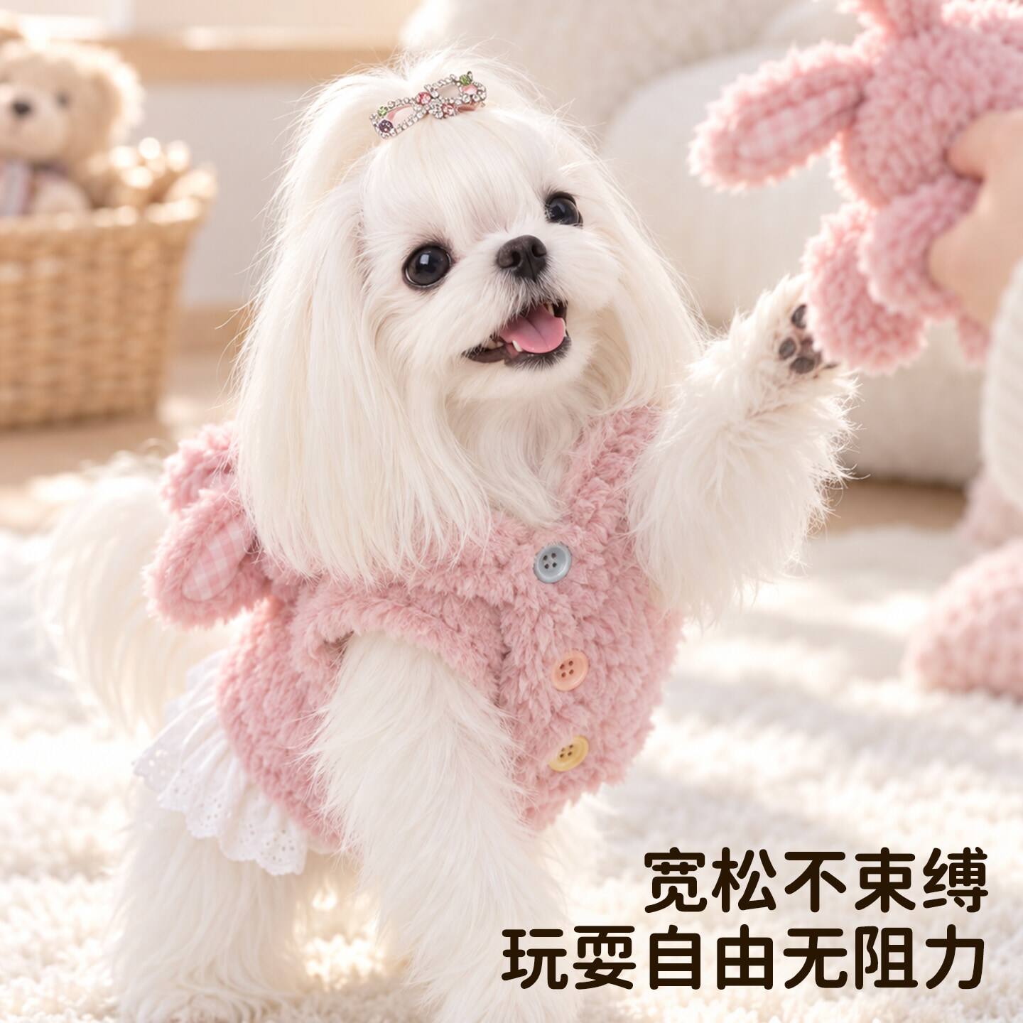 小狗狗衣服毛绒兔耳蕾丝花边棉衣泰迪贵宾小型幼犬秋冬宠物连衣裙