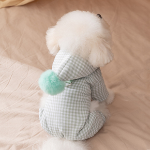 小狗狗衣服泡泡格子连帽约克夏比熊小型犬秋冬可牵引宠物四脚棉衣