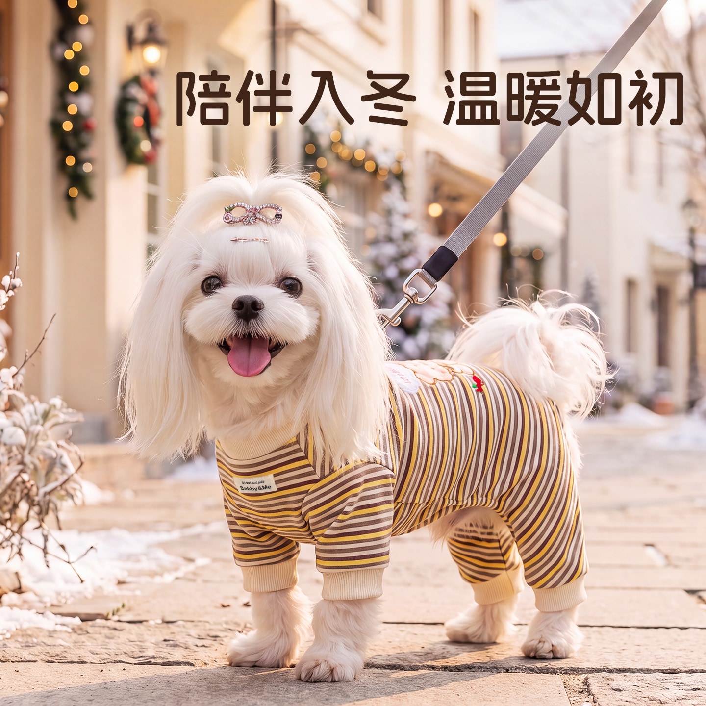 狗狗衣服萌绣条纹包肚家居服泰迪吉娃娃小型犬秋冬保暖宠物四脚衣