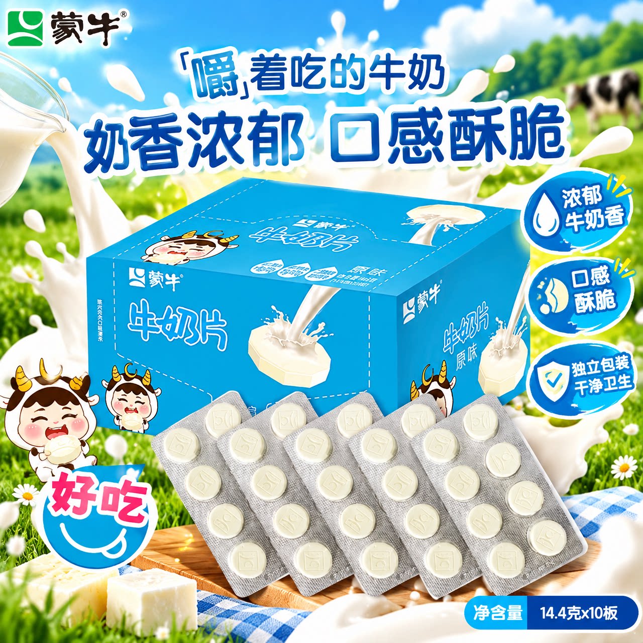 蒙牛牛奶片原味奶香浓郁14.4g&times;10板盒装零食儿童健康营养零食