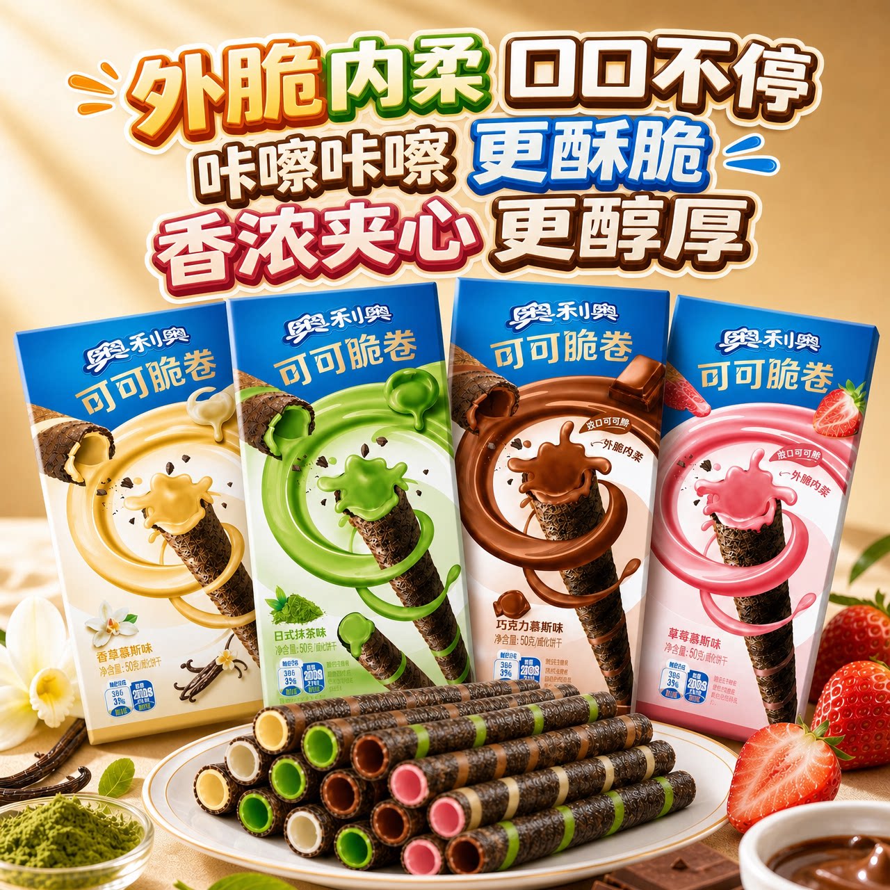 奥利奥可可脆卷50g巧克力草莓抹茶夹心威化蛋卷饼干儿童解馋零食