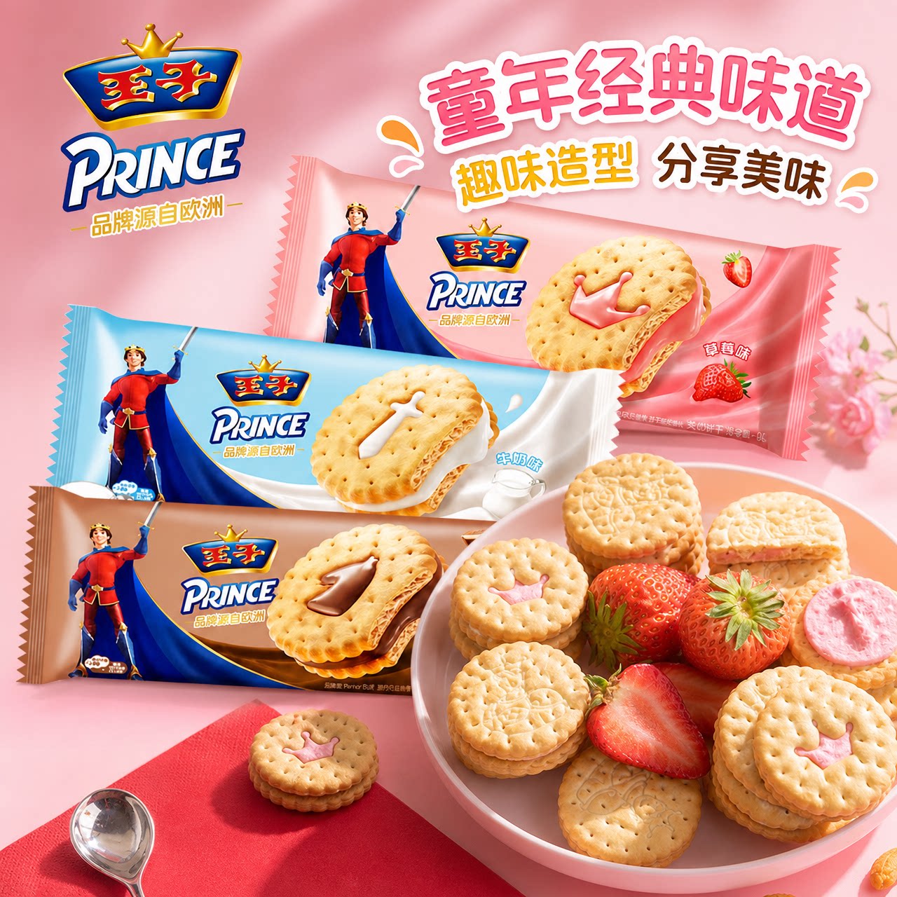 亿滋王子夹心饼干牛奶草莓巧克力味童年回忆零食下午茶休闲食品