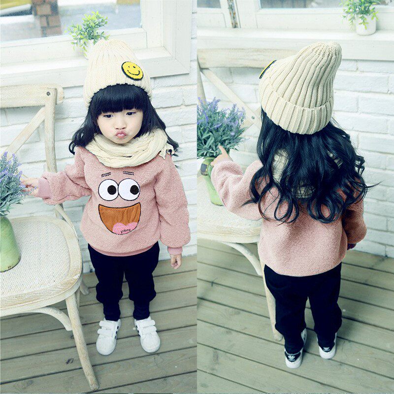 男女童加厚上衣绒衫儿童加绒卫衣秋冬圆领外套套头可爱卡通宝宝