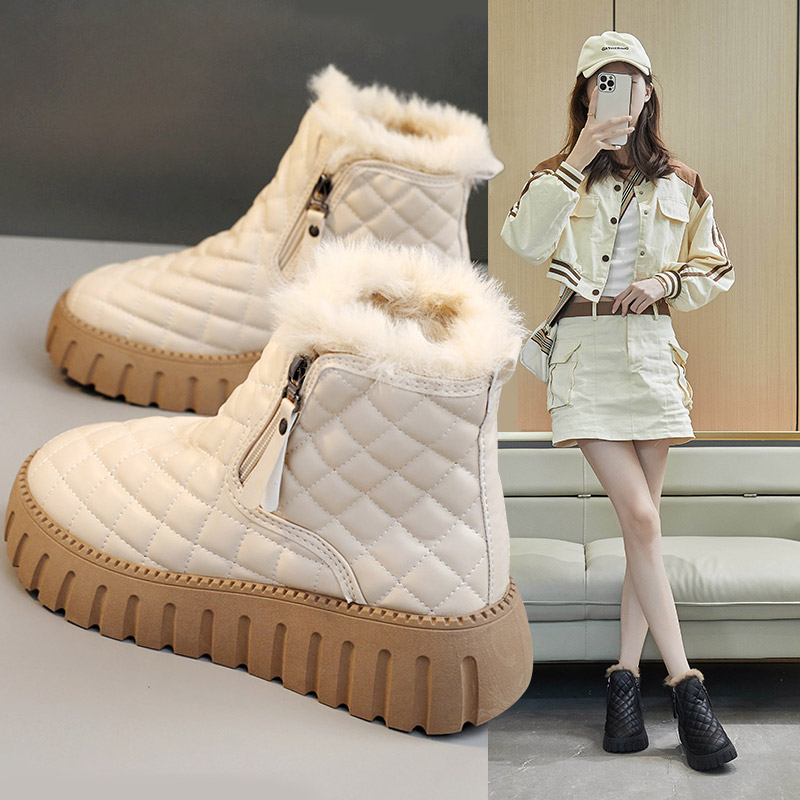 棉鞋皮毛一体防水保暖厚底棉靴