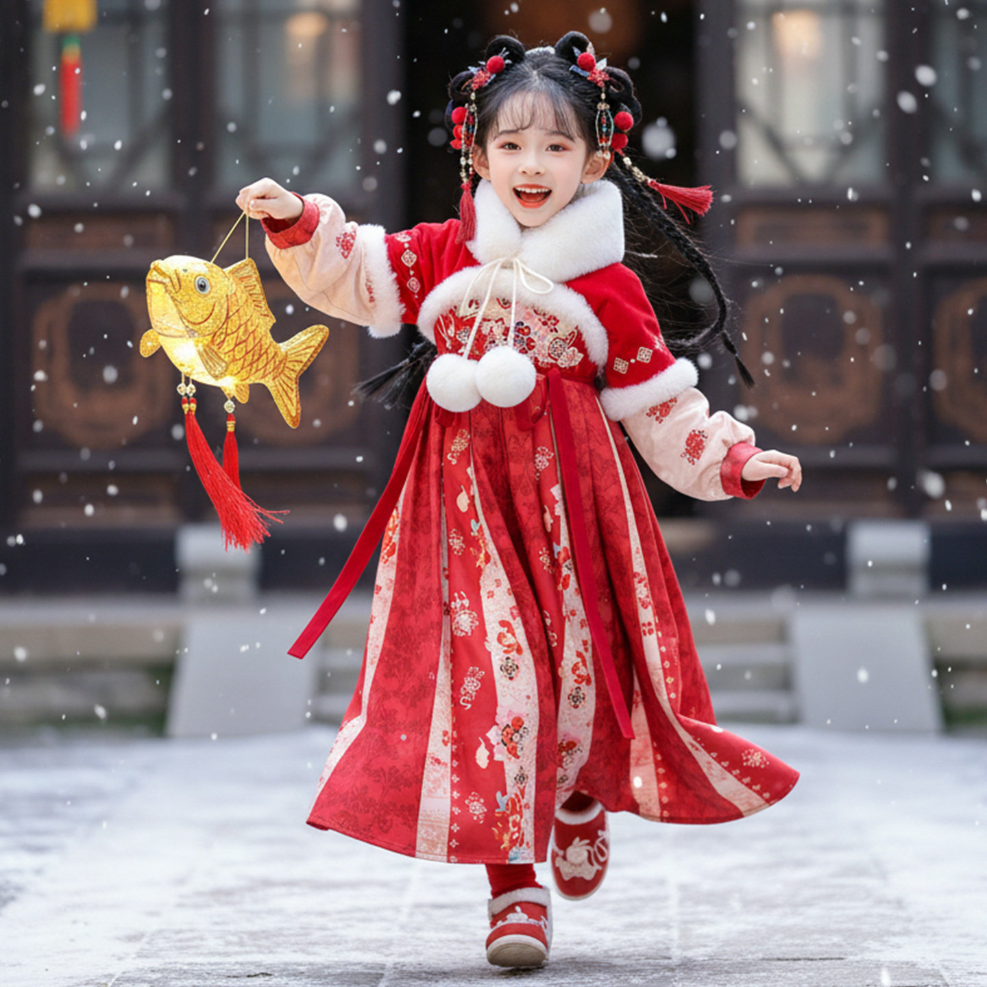 汉服女童冬季2025新款加绒连衣裙古装儿童唐装女孩过年加厚拜年服