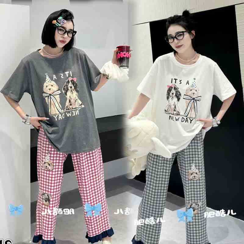 韩国东大门正品卡通小狗短袖睡衣可爱减龄宽松蝴花边格子裤家居服,女士内衣/男士内衣/家居服,睡衣/家居服套装,淘宝优惠券,粉丝福利购,淘宝优惠卷