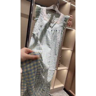 大码 韩版 无袖 格子甜美小飞袖 棉麻公主风学生吊带裙 带胸垫睡裙夏季