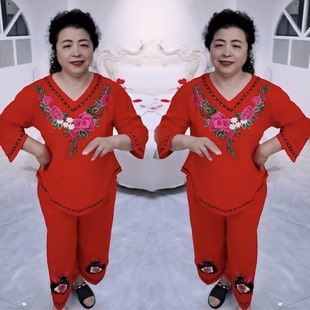 本命年大红色睡衣女秋冬大码 宽松纯棉喜庆民族风花朵刺绣家居服