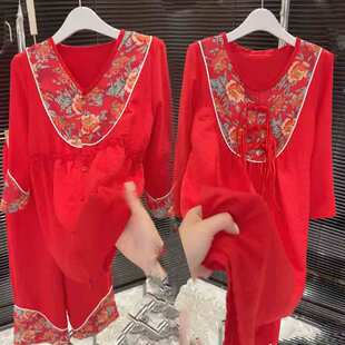 本命年新年大红色碎花高品质睡衣中国风大码宽松舒适民族风家居服
