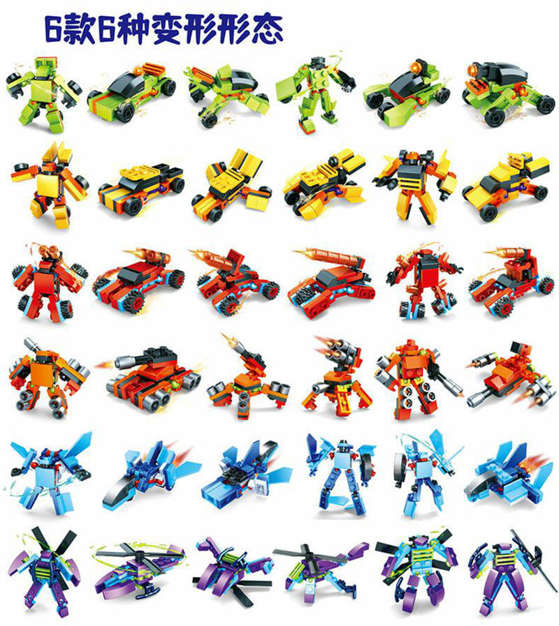 变形机甲6合体小颗粒拼插装积木海洋昆虫卡通恐龙动物12合体玩具