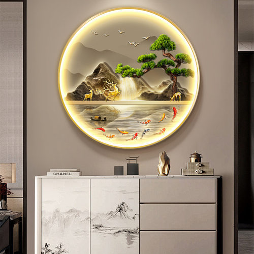 新中式玄关圆形装饰画带灯山水