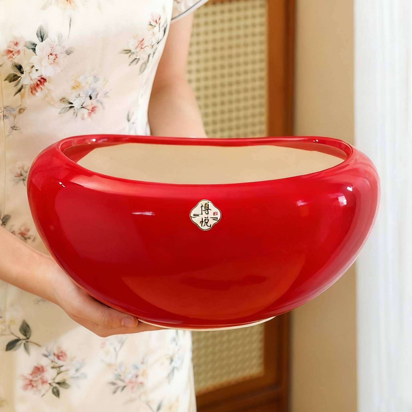 陶瓷花盆现代简约红色喜庆桌面玄关盆栽大口径冬青红果蝴蝶兰花盆