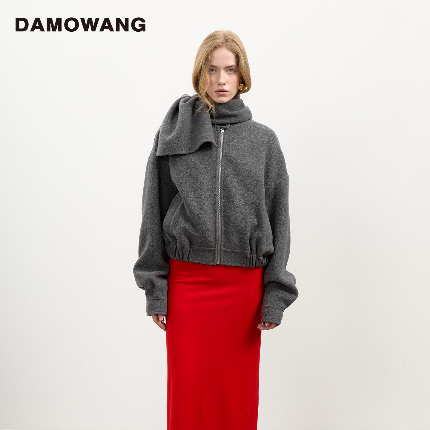 DAMOWANG 2025秋冬新款灰色围巾简约高级绵羊毛夹克休闲百搭外套