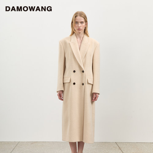 DAMOWANG 2025秋冬新款枪驳领双排扣绵羊毛大衣优雅百搭长款风衣