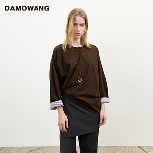 DAMOWANG T恤简约弹性上衣女 2025秋冬新款 宽松慵懒拼色双层长袖