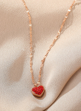 玫瑰金小红心钛钢项链女不掉色黑红双面满钻心形吊坠网红爱心颈链