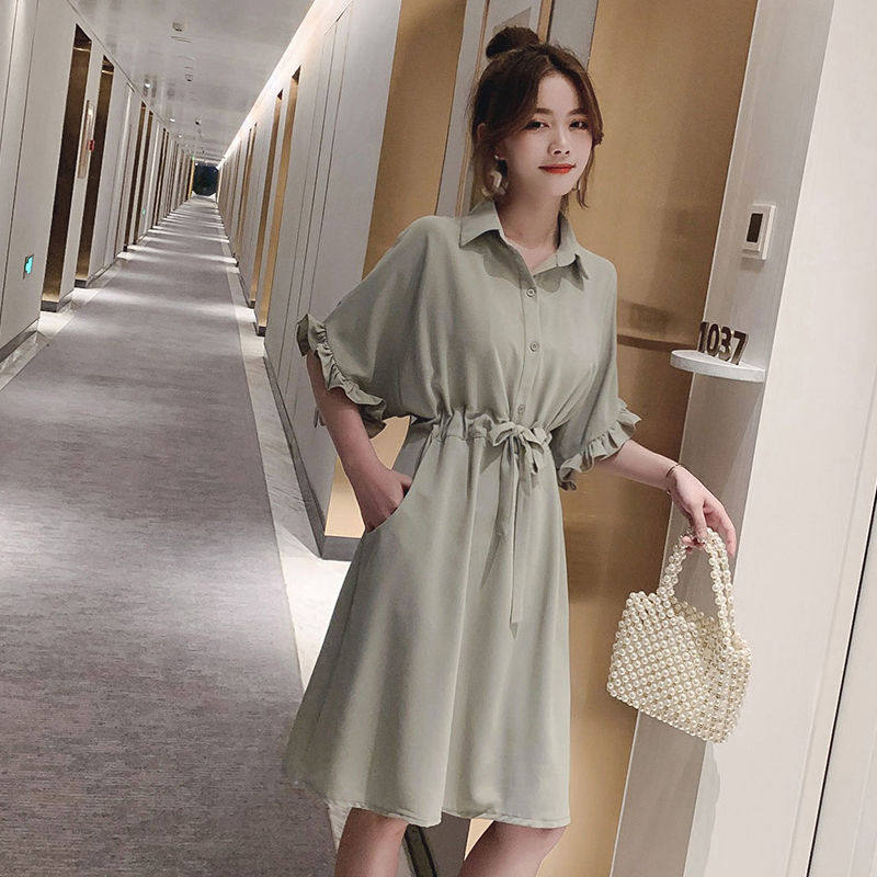 eazm大码连衣裙雪纺衬衣领连衣裙女夏显瘦收腰中长款衬衫裙子C|ruв категории Женская одежда, юбка - от Buy2taobao.com для оказания профессиональной услуги покупки агента Taobao