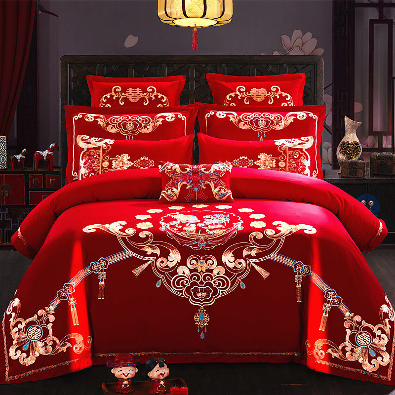 婚礼中式床上家纺新婚床裙婚房全棉床单。婚庆四件套大红结婚贡缎在类目 床上用品, 床品套件/四件套/多件套中 - 来自Buy2taobao.com提供专业的淘宝代购服务