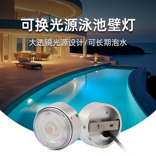 12伏鱼池假山侧壁射灯IP68免开孔明装泳池壁灯圆形迷你薄款水下灯