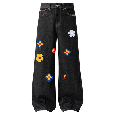 新因素美式刺绣花卉贴布裤子