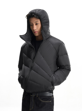新因素×STAFFPICK 轻量化放射性排骨斜拉链短款黑色羽绒服男外套