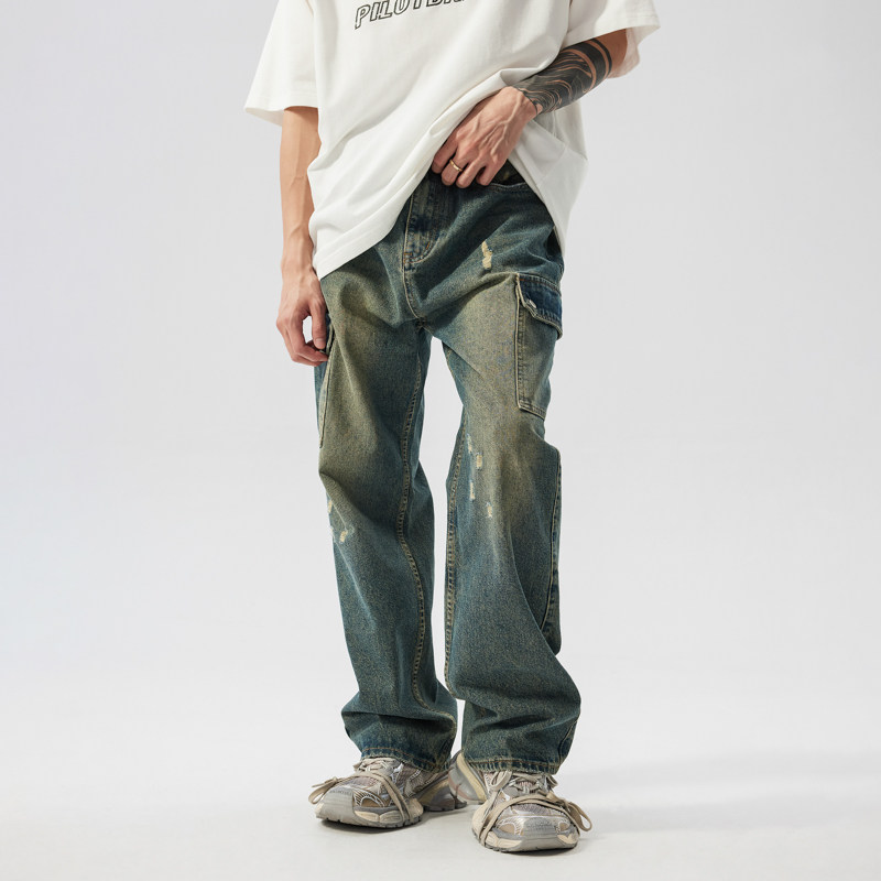 PilotDragon复古水洗大口袋直筒工装裤男女美式磨破休闲牛仔裤夏