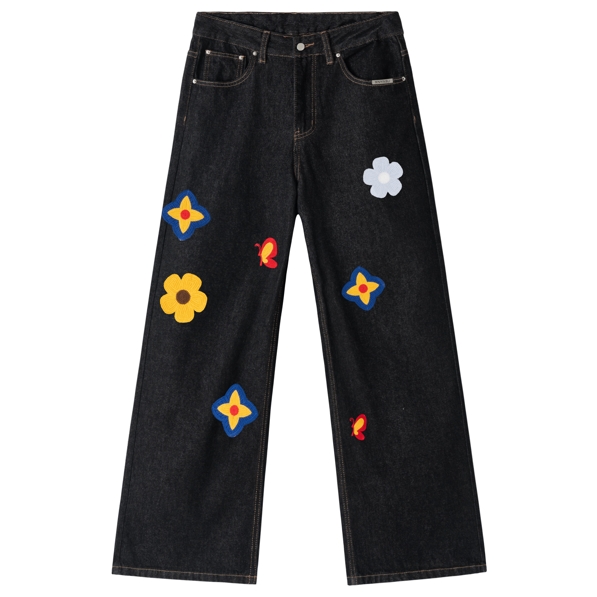新因素美式复古刺绣花卉贴布阔腿直筒宽松原色牛仔裤原牛