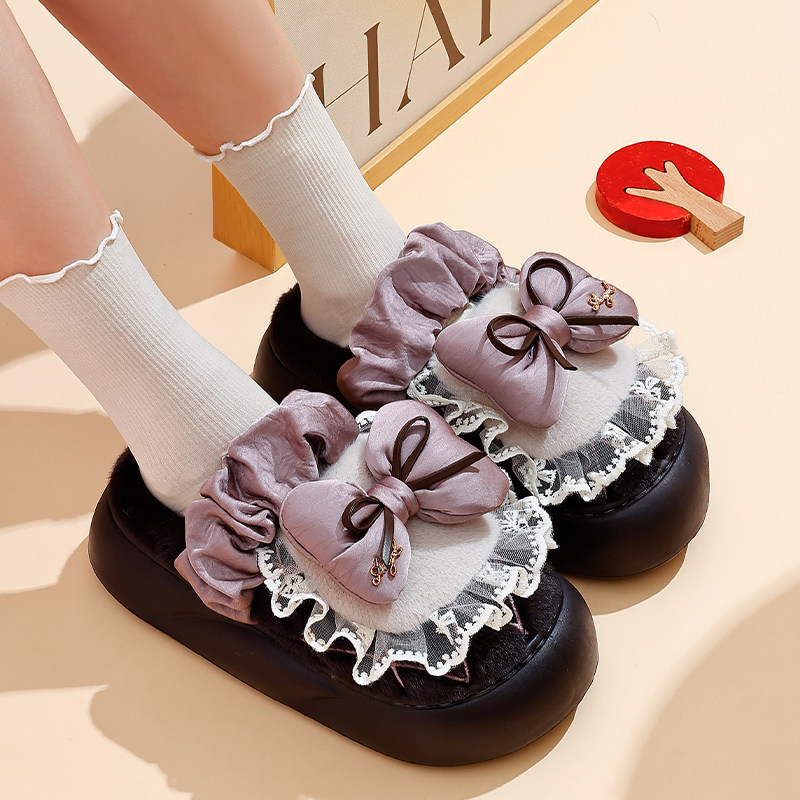 新款冬季拖鞋蝴蝶结女士棉拖鞋秋冬室内家居防滑保暖加绒毛毛棉鞋