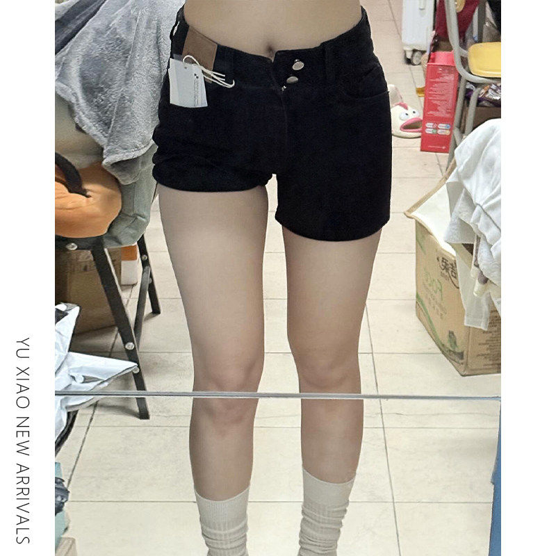 黑色牛仔短裤女夏季薄款梨型身材胖mm大尺码显瘦小个子弹力a字热