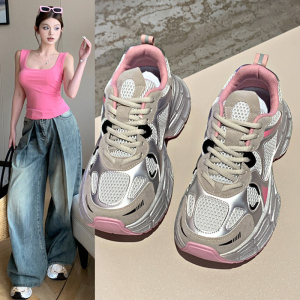 银色厚底老爹鞋女秋季2026新款轻便厚底运动鞋潮百搭增高休闲鞋子