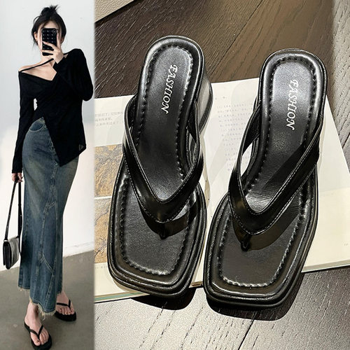 优兰意坡跟厚底增高人字拖鞋子女