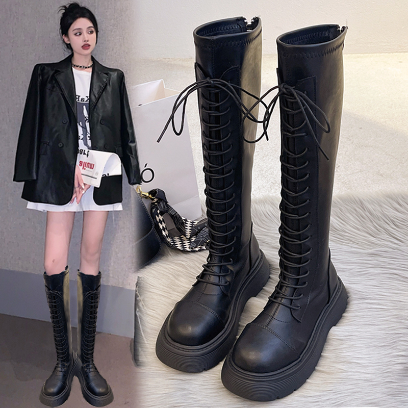 骑士靴松糕厚底系带增高显瘦长靴