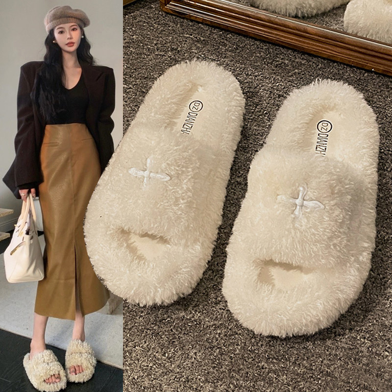 晚风温柔法式白色毛毛拖鞋女鞋外穿2025新款秋冬季厚底黑色棉拖鞋