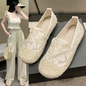 蕾丝草编渔夫鞋女2024夏季新款网纱透气平底单鞋一脚蹬懒人豆豆鞋
