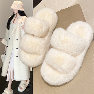 白色毛毛拖鞋女2026秋冬季新款毛绒厚底一字带加绒棉拖鞋女外穿潮