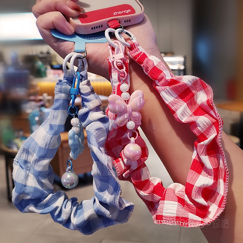 虹客手机挂绳简约时尚女士手腕款格子布缝制短款户外旅游登山逛街防丢摔手提链带子电话套壳挂件吊绳通用新品