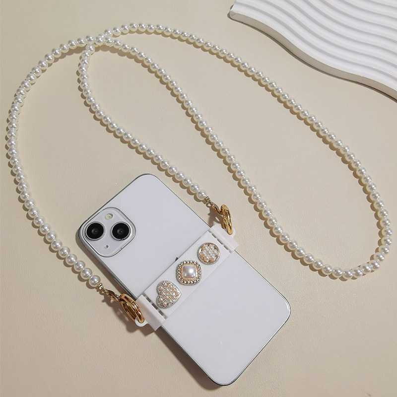手机挂绳长款珍珠串链手机背夹斜挎可肩背手工串珠手机夹子时尚女款高端爱心花朵结实耐用链条手机壳防丢挂件