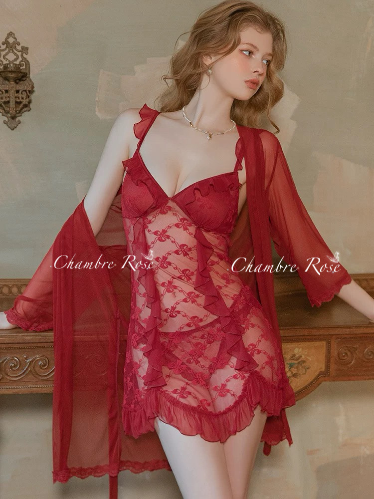 Chambre Rose 红酒玫瑰*带胸垫睡衣女性感透视吊带睡裙女款家居服