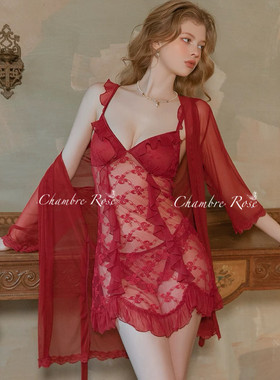 Chambre Rose 红酒玫瑰*带胸垫睡衣女性感透视吊带睡裙女款家居服