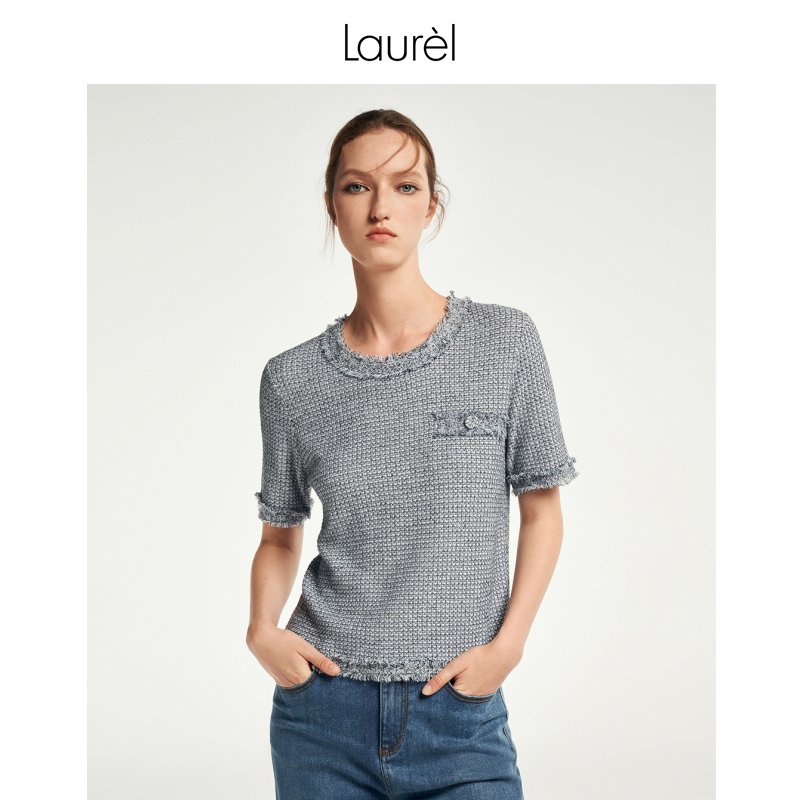 LAUREL丹宁色花纱小香风短袖上衣