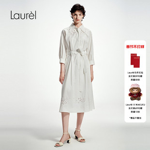 Laurel劳芮波嬉英式刺绣棉感收腰衬衫裙LWL361Y06000