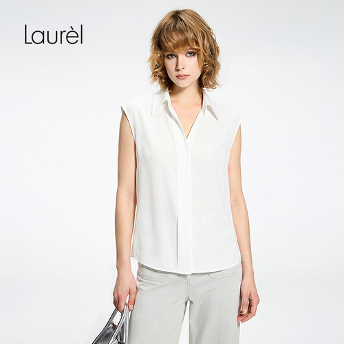 【桑蚕丝】Laurel劳芮26早秋纯净白翻领无袖垂感衬衫LWD375C10100