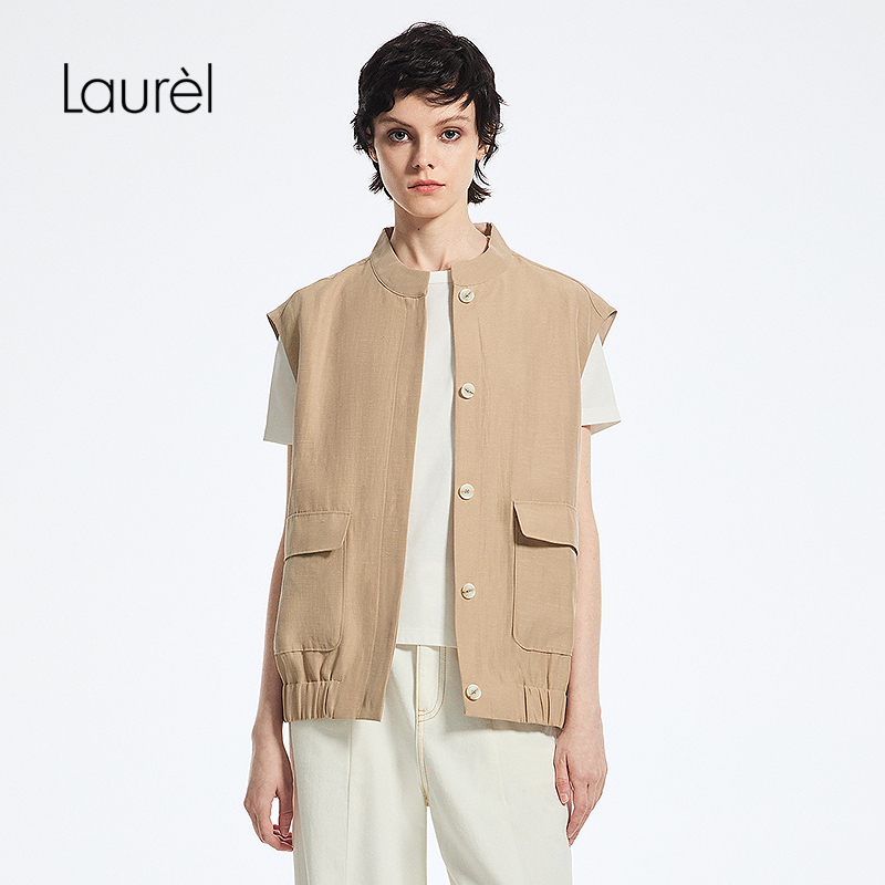 Laurel劳芮25春秋新款卡其色无袖工装马甲女LWD362B01800