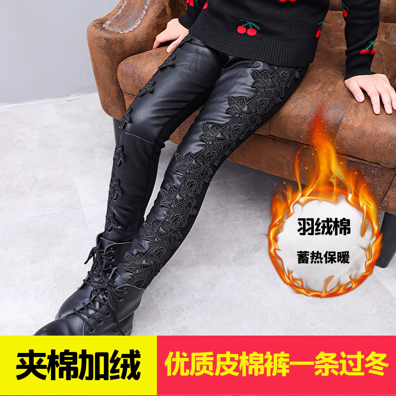 女童冬裤加绒加厚中大女童秋冬款打底裤黑色皮棉裤长裤小脚裤靴裤