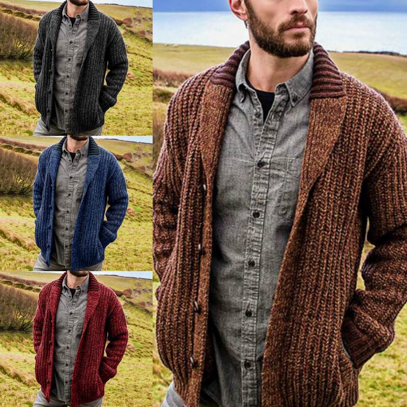 Men's cardigan solid color long sleeve knitted sweater coat