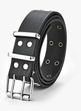Women Leather Waistband For Jeans 女士双排扣镂空朋克皮带腰带