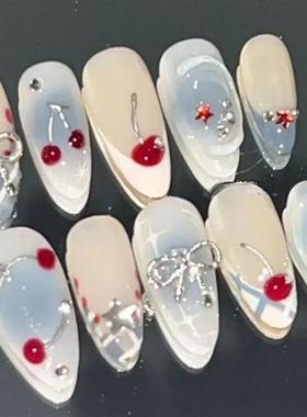 10Pcs Handmade Press on Nails French Almond Full Cover Cherr