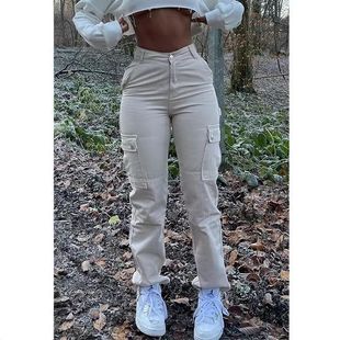 Straight Leg Cargo Pants Women 2024 High Waist Baggy Jeans