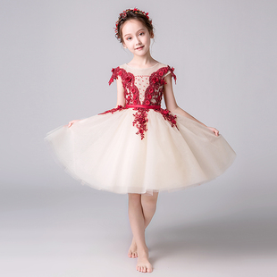 儿童晚礼服花童婚礼小女孩洋气蓬蓬裙女童高端走秀生日红色公主裙